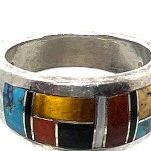Southwest Sterling Silver Ring 9.5 Inlay Turquoise Lapis MOP Coral Mosaic Signed